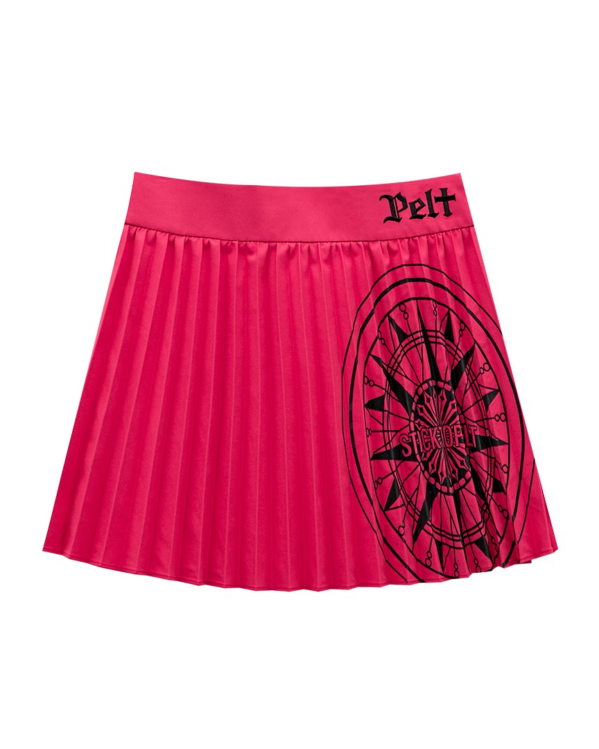 Chân váy golf nữ xếp ly họa tiết trục bánh xe màu hồng đậm — Pelt | Seoul Golf Fashion