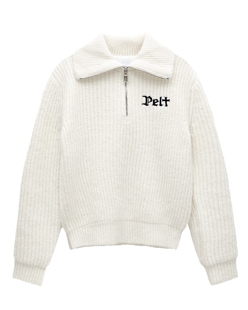 Áo knit golf nữ màu ngà cổ sơ mi khóa kéo nửa Pelt