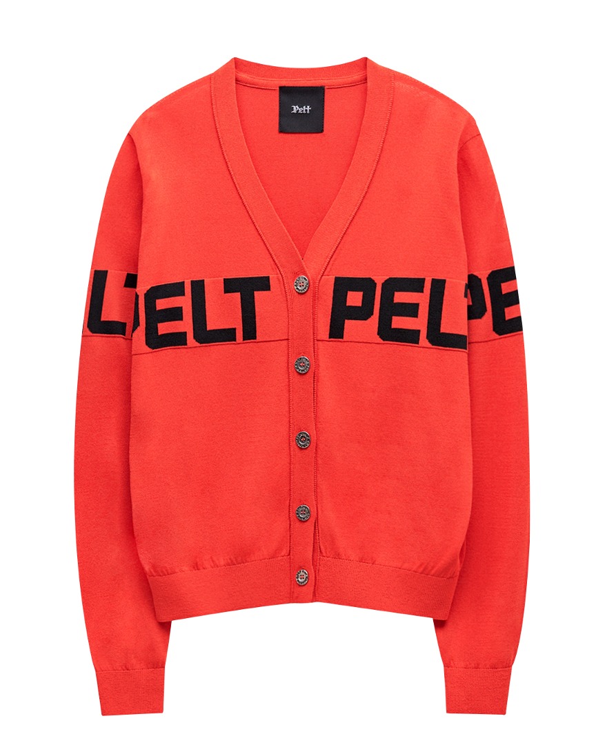 Áo cardigan nữ cổ V màu cam chữ in đen — Pelt | Seoul Golf Fashion