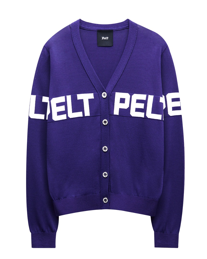 Áo knit golf nữ cổ tim màu tím chữ trắng — Pelt | Seoul Golf Fashion