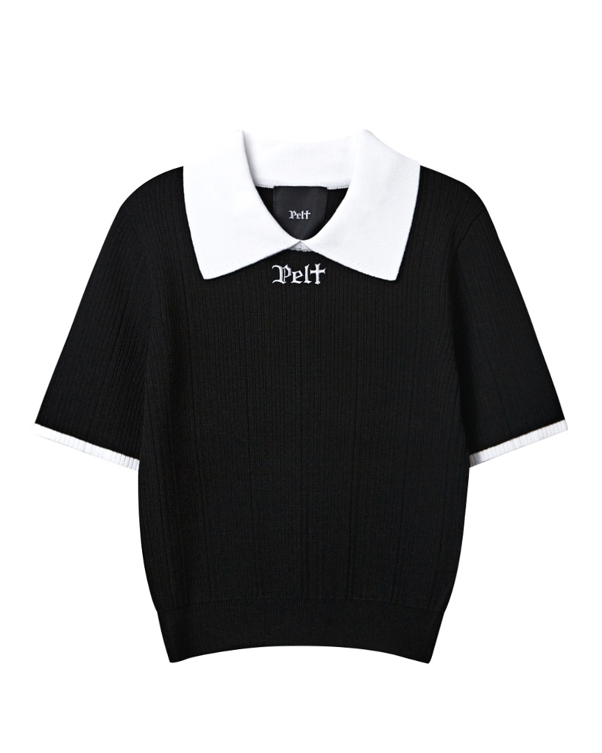Áo knit golf nữ Pelt cổ bẻ phối trắng tay lỡ màu đen
