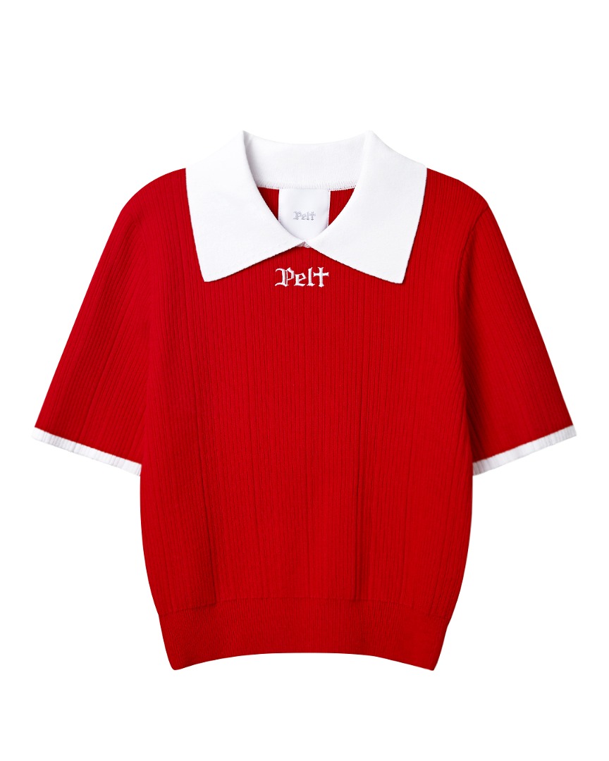 Áo knit golf nữ màu đỏ có cổ bẻ trắng tay ngắn logo Pelt