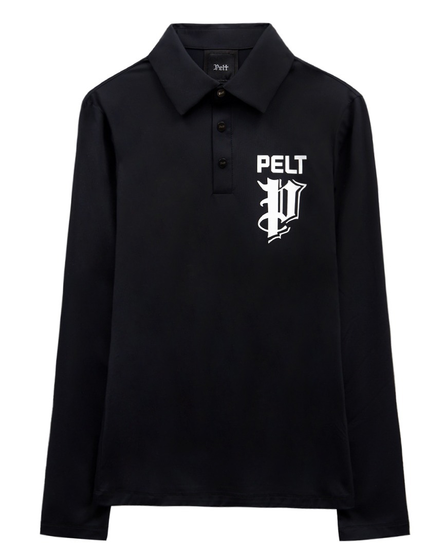 Áo sơ mi golf nữ Pelt màu đen tay dài cổ bẻ có logo trắng