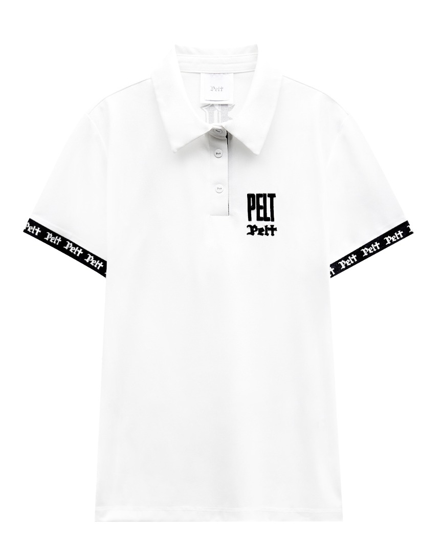Áo sơ mi golf nữ cổ bẻ tay ngắn phối viền logo màu trắng — Pelt | Seoul Golf Fashion