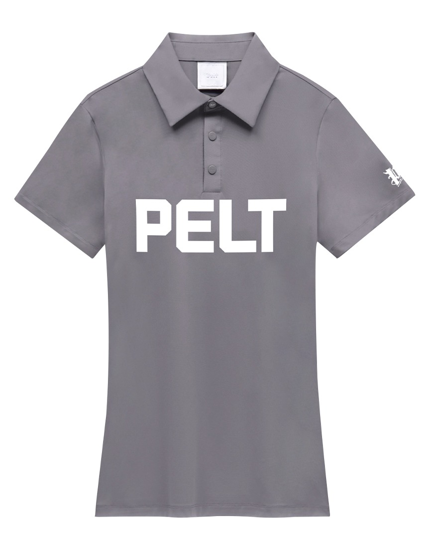 Áo sơ mi golf nữ Pelt màu xám tay ngắn cổ bẻ chữ trắng in nổi bật