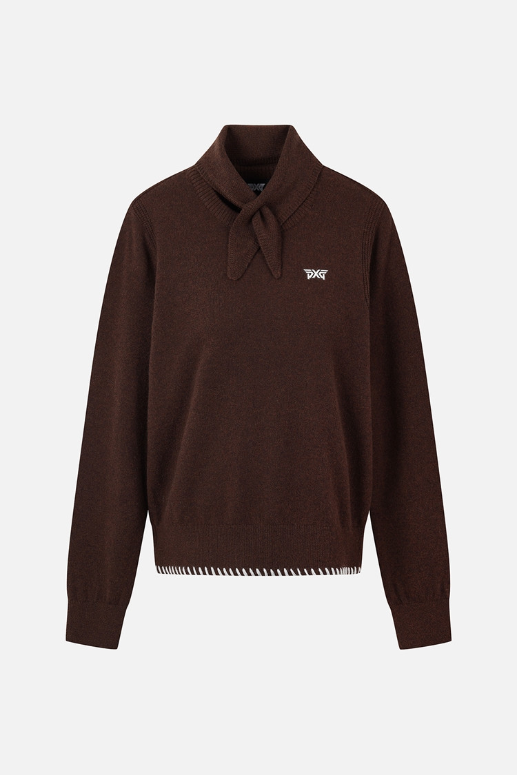 Áo knit golf nữ PXG màu nâu với cổ khăn độc đáo và tay dài
