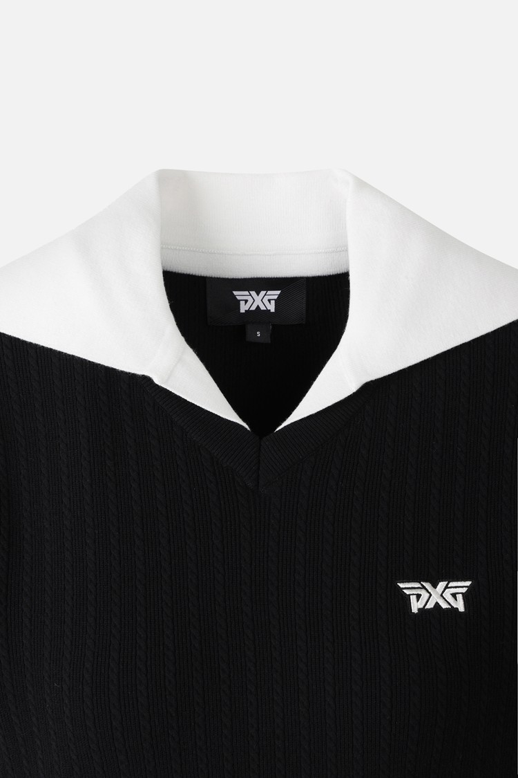 Áo knit golf nữ cổ V phối màu đen trắng — ảnh 3