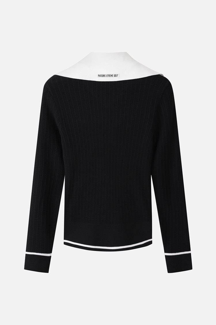 Áo knit golf nữ cổ V phối màu đen trắng — ảnh 2