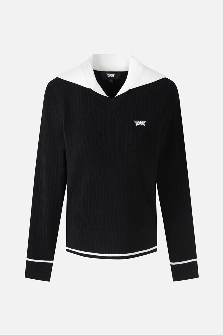 Áo knit golf nữ PXG màu đen, cổ V phối trắng, tay dài viền trắng