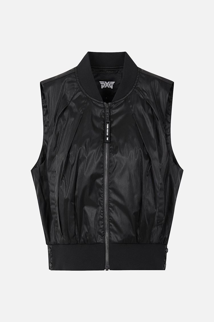 Áo vest golf nữ màu đen thiết kế bomber không tay khoá kéo trước
