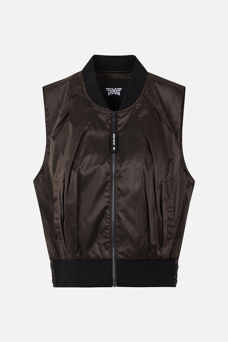 Áo vest golf nữ dáng suông màu nâu không tay cổ tròn khóa kéo trước PXG