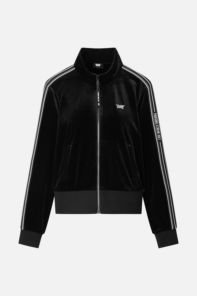 Áo khoác golf nữ PXG dáng bomber màu đen phối sọc trắng dọc tay