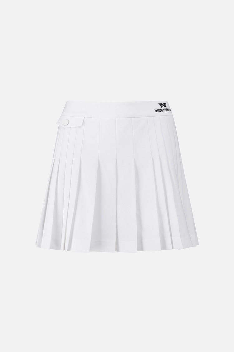 Chân váy golf nữ màu trắng dáng xếp ly có nút bấm và logo PXG