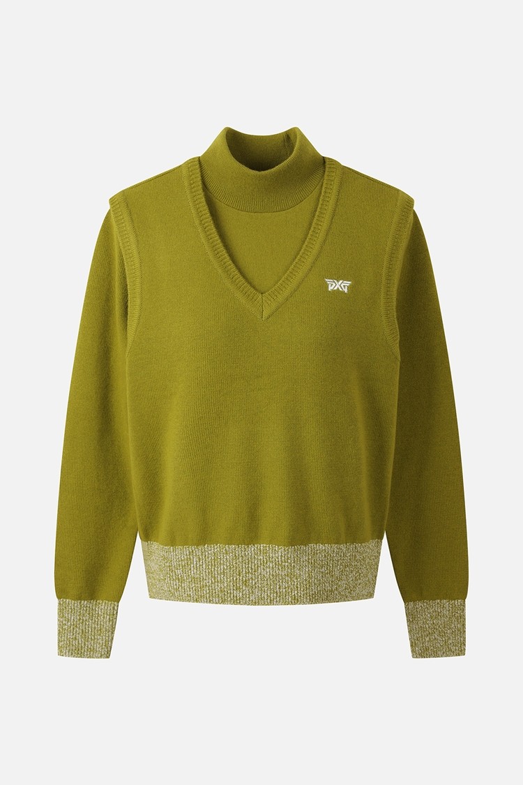 Áo knit golf nữ PXG màu xanh lá phối cổ lọ và cổ V, tay dài viền gấu và tay dệt phối màu