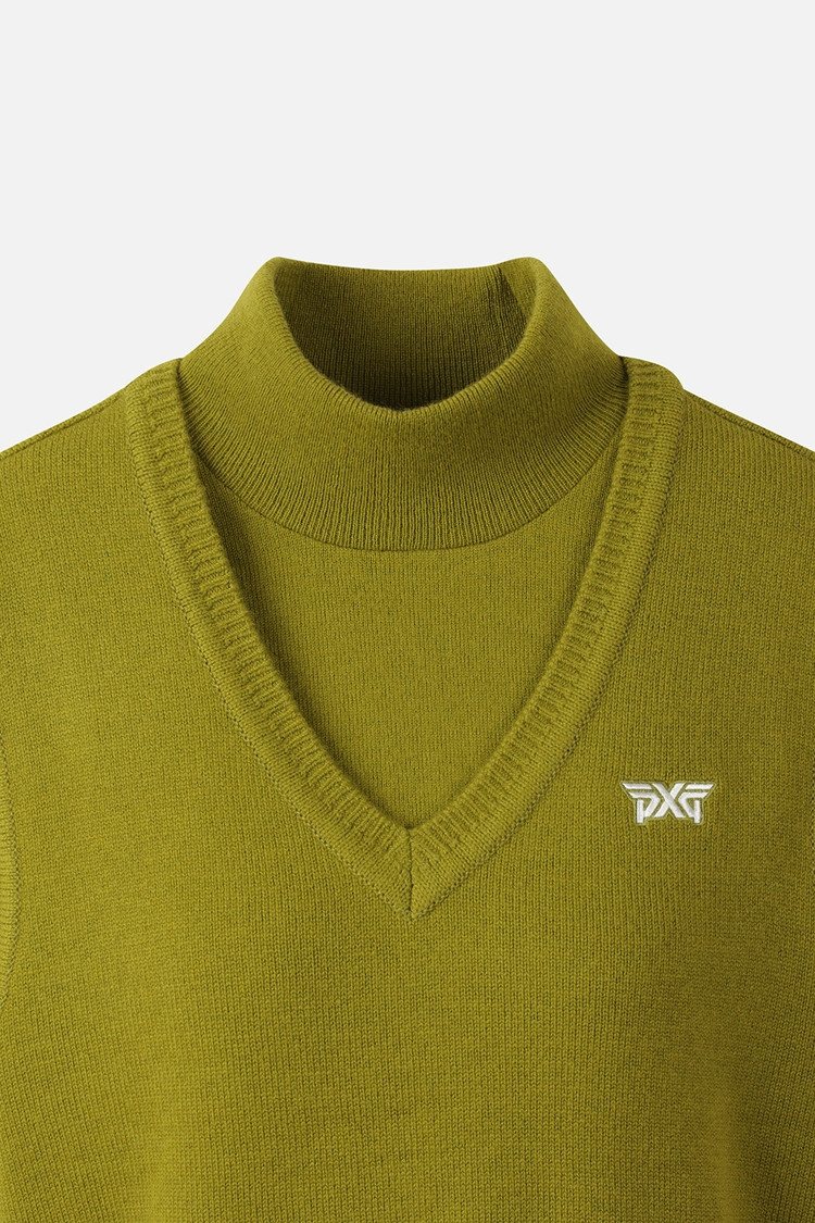 Áo knit golf nữ cổ lọ phối cổ V màu xanh lá — ảnh 3