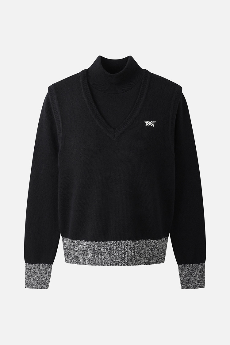 Áo knit golf nữ cổ cao phối gile đen viền xám — PXG | Seoul Golf Fashion
