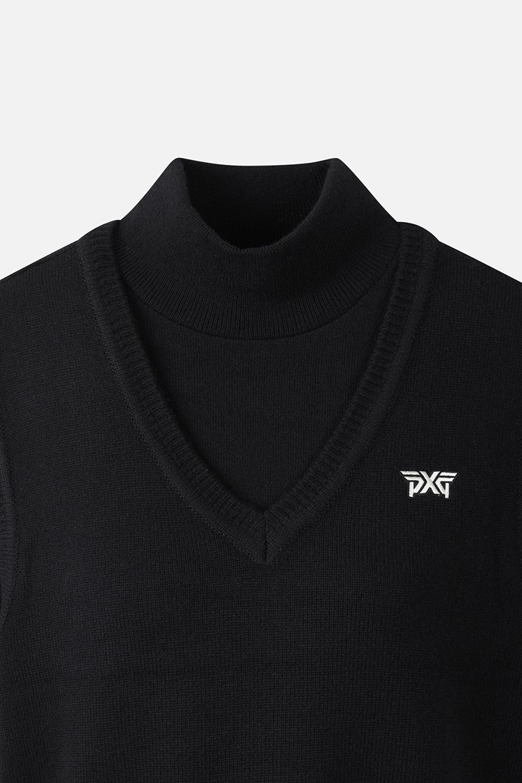 Áo knit golf nữ cổ cao phối gile đen viền xám — ảnh 3