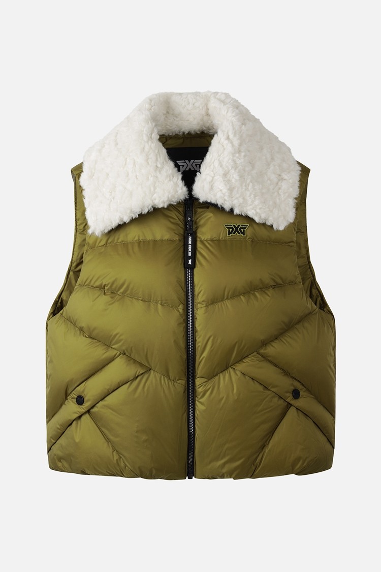 Áo vest golf nữ PXG màu xanh lá dáng phao không tay phối cổ lông trắng