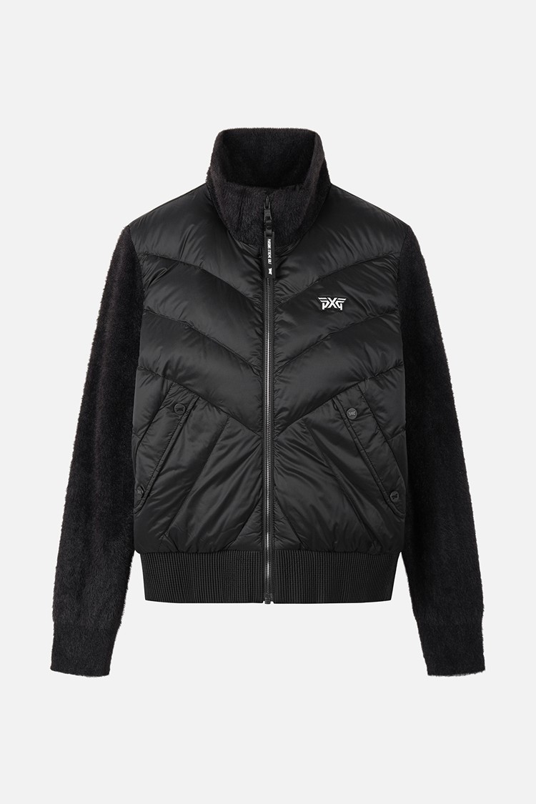 Áo khoác golf nữ PXG jumper màu đen phối chất liệu vải bóng và nỉ, kiểu cổ đứng, khóa kéo, logo trắng
