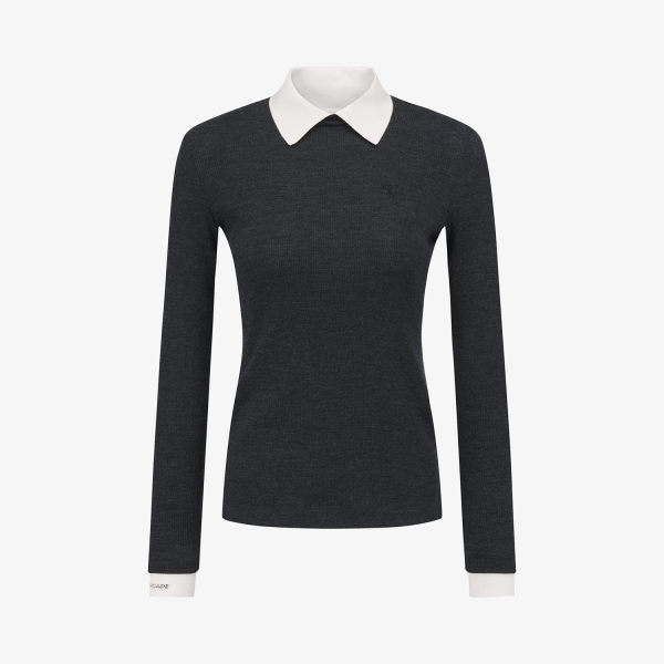 Áo golf nữ tay dài cổ sơ mi phối màu xám — Southcape | Seoul Golf Fashion