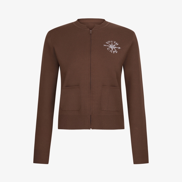 Áo knit golf nữ Southcape màu nâu cổ tròn khóa kéo, có 2 túi trước