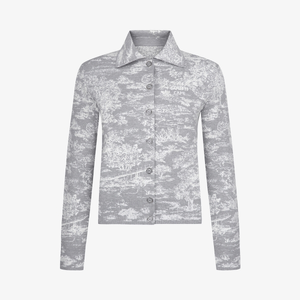 Áo knit golf nữ Southcape màu xám cổ bẻ họa tiết trắng, tay dài, style ôm vừa vặn