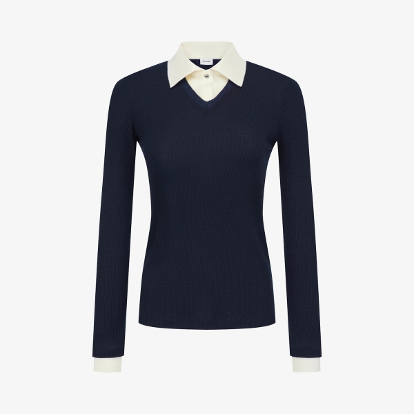 Áo golf nữ tay dài xanh navy cổ phối trắng của Southcape