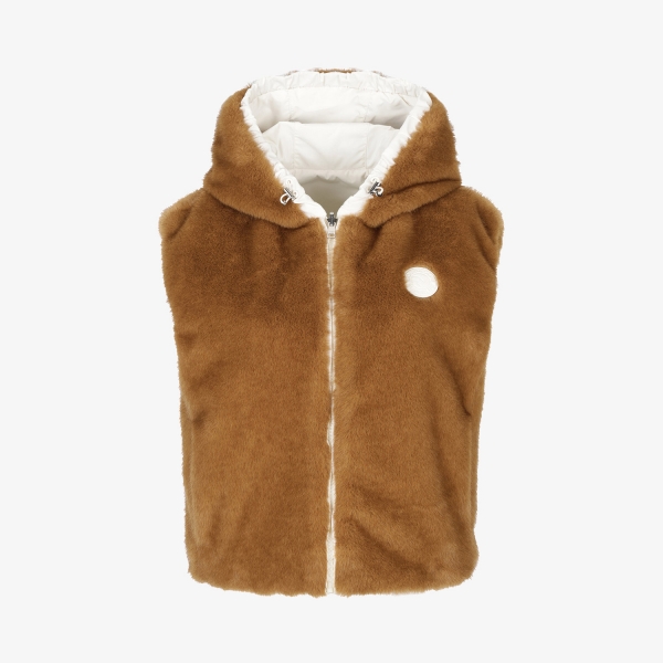 Áo vest golf nữ lông mềm màu nâu có mũ dáng không tay