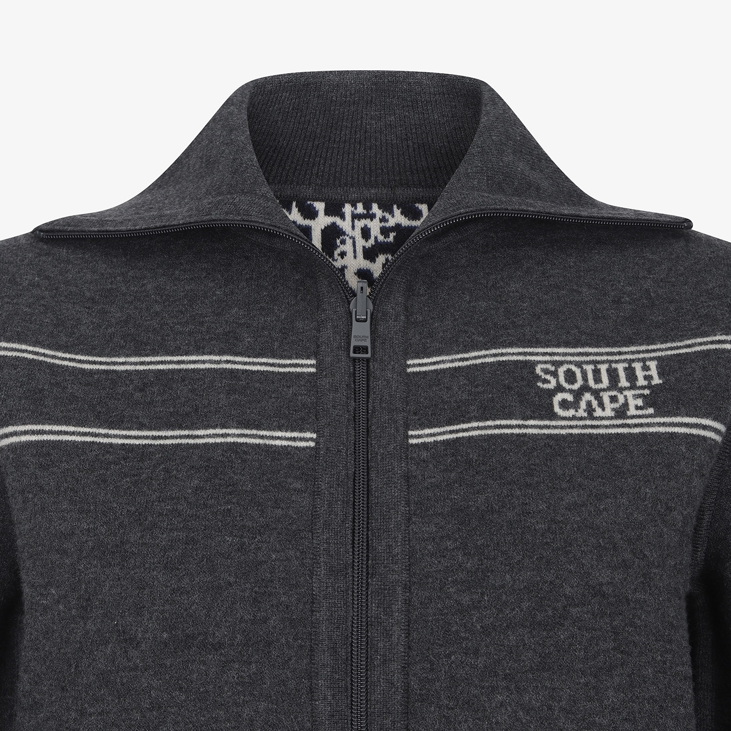 Áo knit golf nữ cổ đứng phối sọc màu xám đậm — ảnh 4