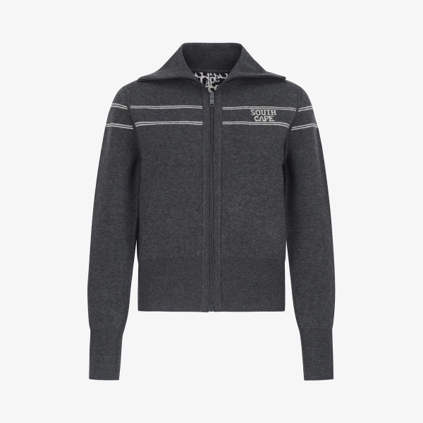 Áo knit golf nữ xám đậm cổ đứng phối sọc trắng thanh lịch Southcape