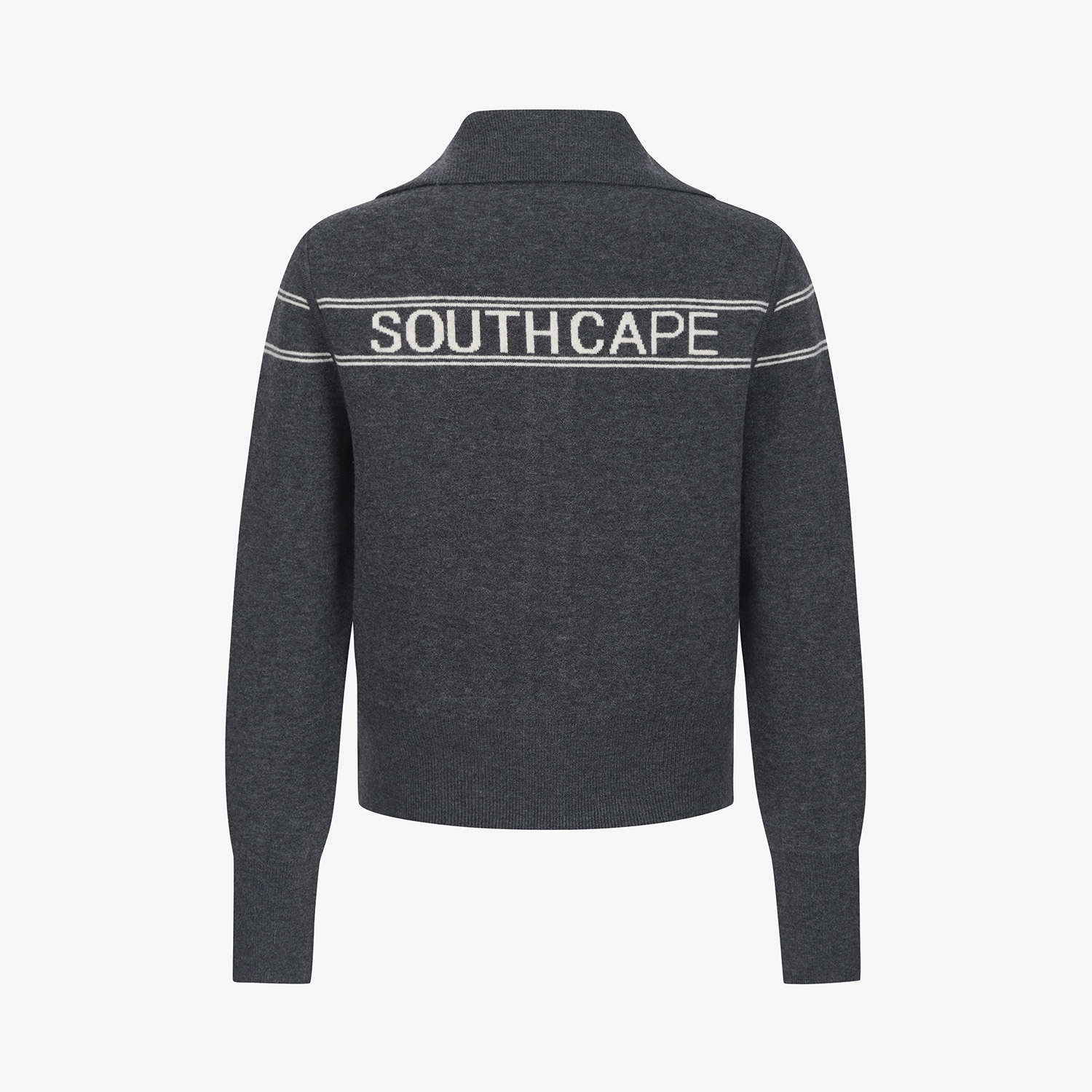 Áo knit golf nữ cổ đứng phối sọc màu xám đậm — ảnh 3