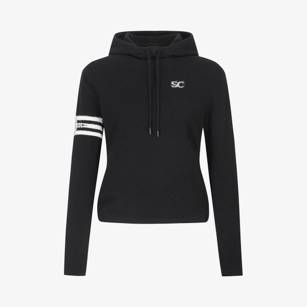 Áo knit golf nữ có mũ màu đen tay dài logo SC và 2 sọc trắng trên tay