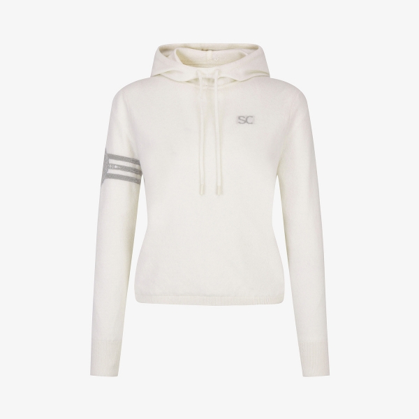 Áo knit golf nữ Southcape màu trắng tay dài có mũ và viền tay sọc xám