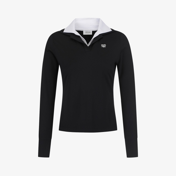 Áo golf nữ Southcape tay dài cổ bẻ phối màu đen trắng trơn, logo nhỏ ngực trái