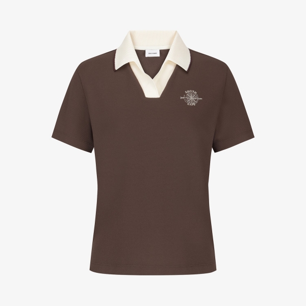 Áo golf nữ Southcape màu nâu, cổ bẻ trắng, tay ngắn, logo thêu nhỏ ngực trái