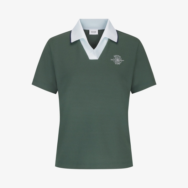 Áo golf nữ Southcape cổ bẻ phối trắng, màu kaki đậm, tay ngắn, thiết kế tối giản sang trọng
