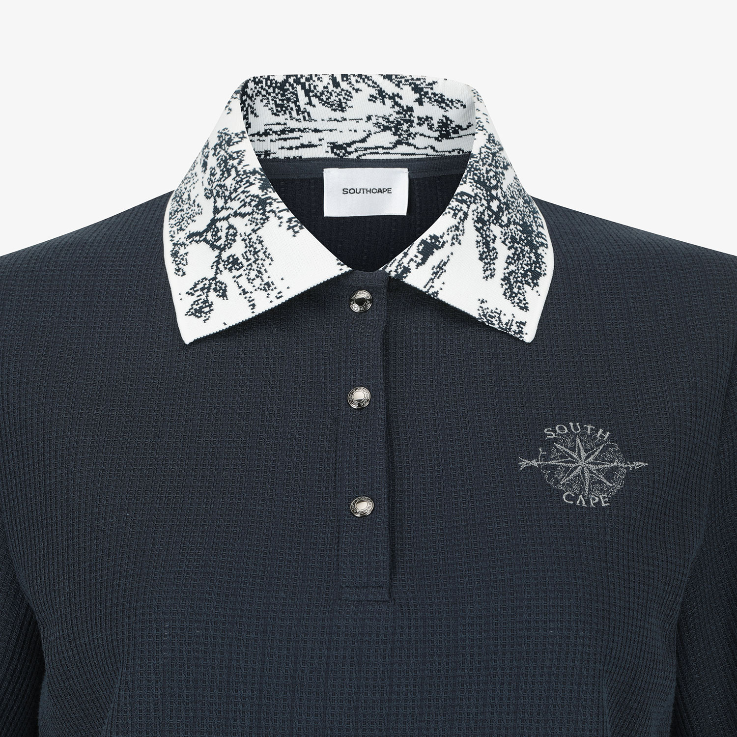 Áo knit golf nữ cổ bẻ họa tiết xanh navy — ảnh 4