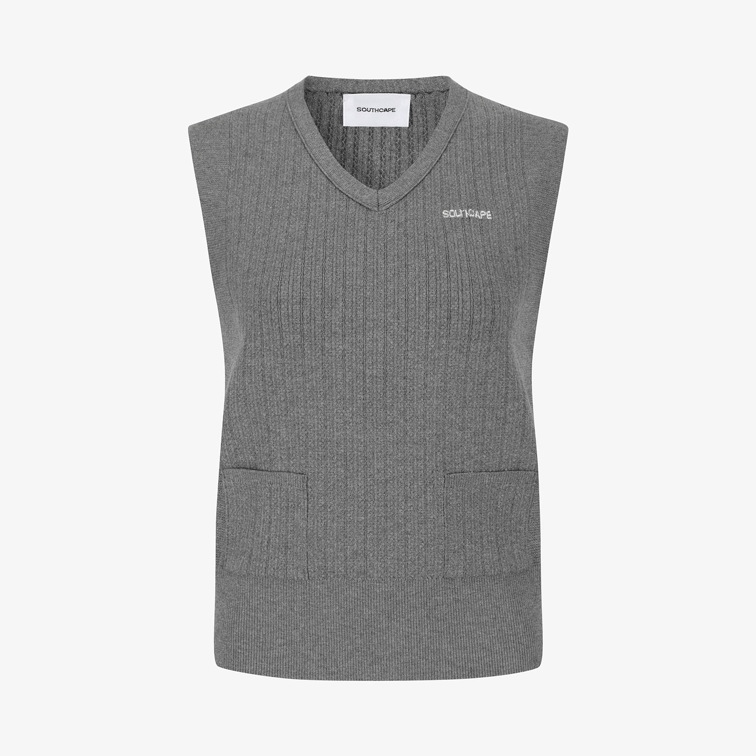 Áo vest golf nữ không tay cổ tim màu xám nhạt có họa tiết dệt kim sọc đứng và logo thêu Southcape