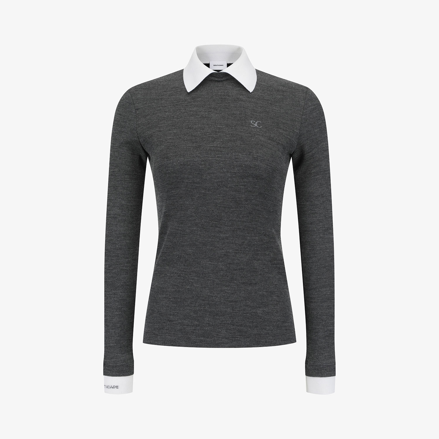Áo golf nữ tay dài xám đậm, cổ bẻ trắng, logo SC thêu ngực, phong cách golfwear Hàn Quốc