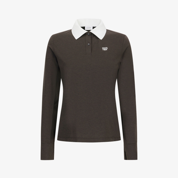 Áo golf nữ Southcape tay dài màu nâu đậm với cổ bẻ trắng và logo nhỏ trắng trước ngực