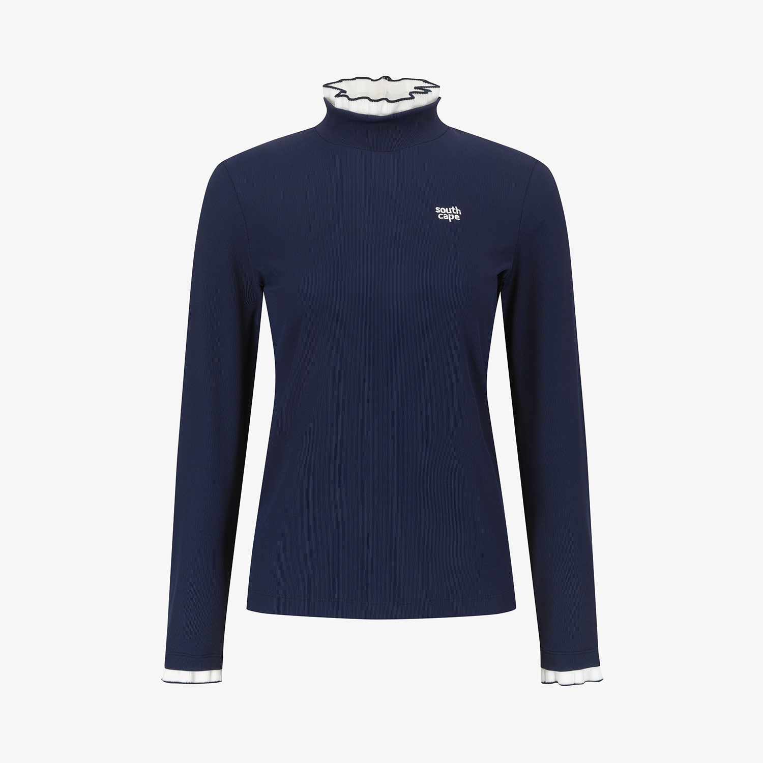 Áo golf nữ cổ lọ tay dài màu xanh navy đậm với viền trắng xoắn ở cổ và tay áo