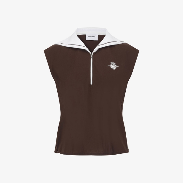 Áo golf nữ màu nâu phối viền trắng cổ tim không tay Southcape