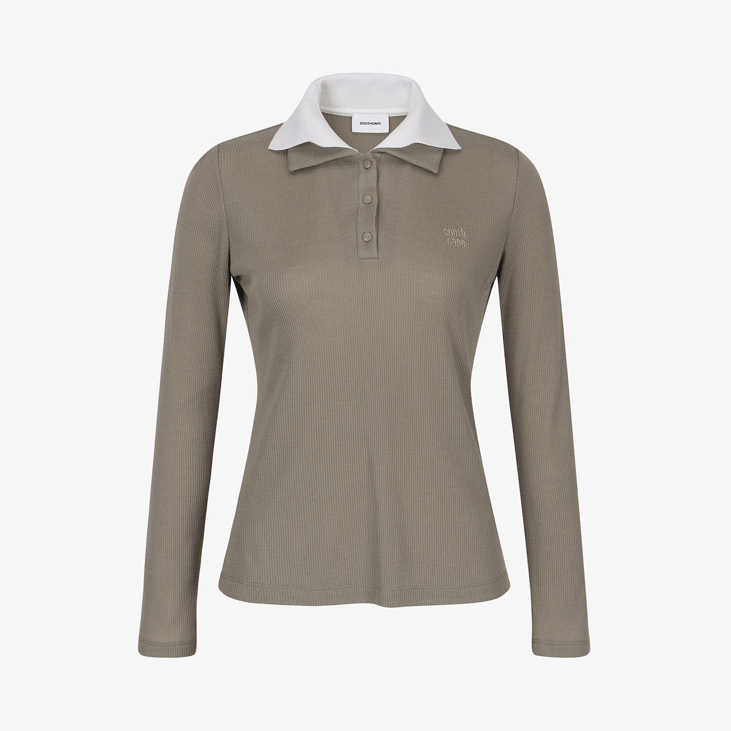 Áo golf nữ tay dài Southcape màu 세피아 với cổ bẻ trắng phối màu, kiểu dáng ôm nhẹ
