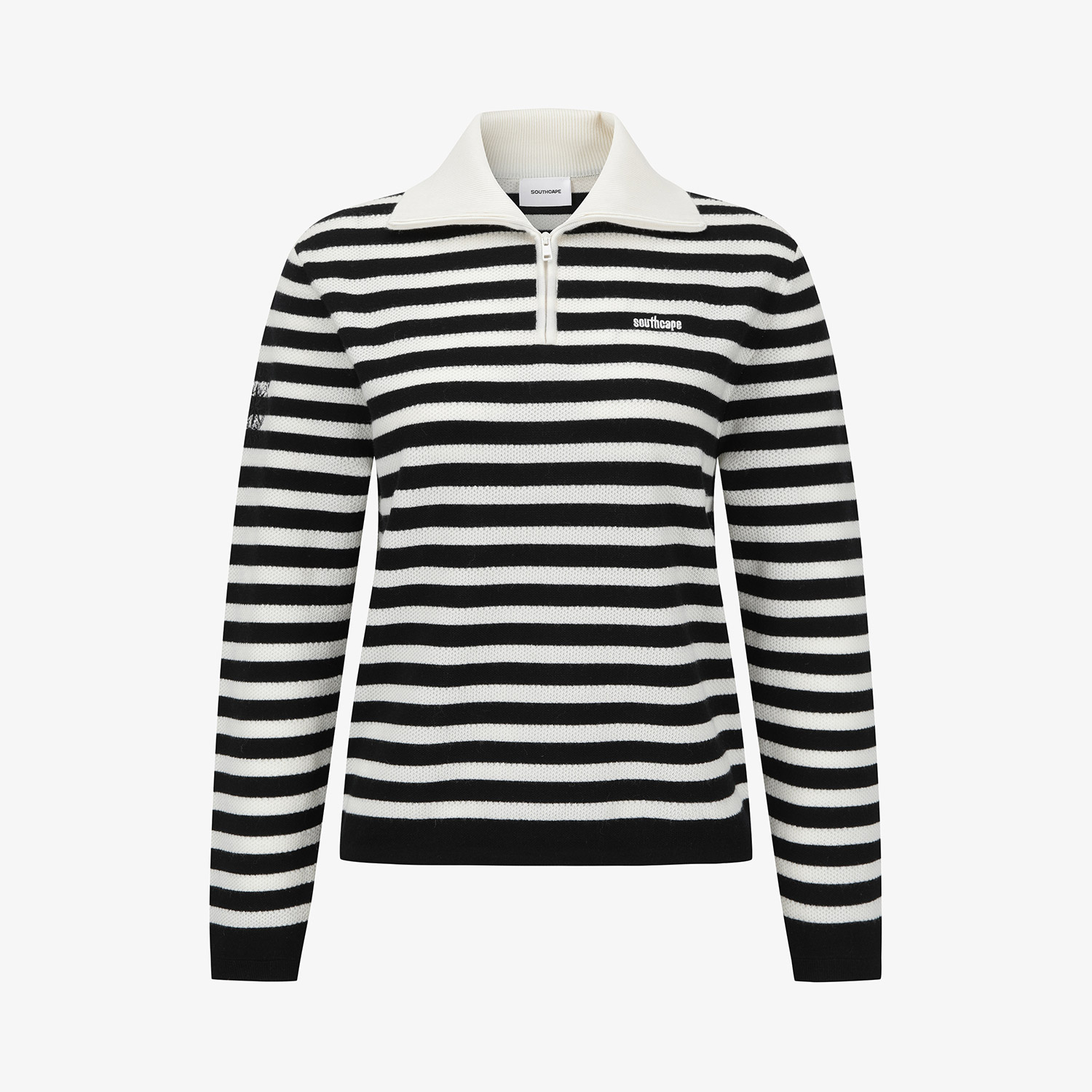 Áo knit golf nữ Southcape cổ đứng phối khóa zip sọc ngang đen trắng