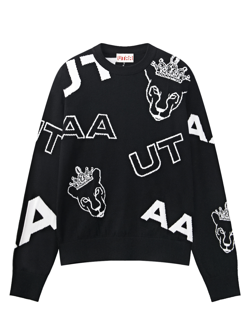 Áo knit golf nữ màu đen họa tiết đầu báo đội vương miện và chữ UTAA trắng