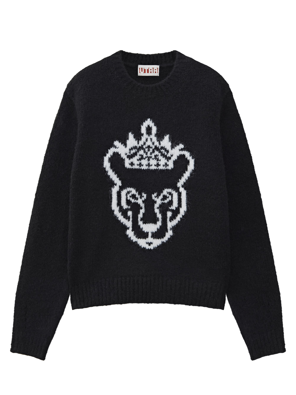 Áo knit golf nữ màu đen có họa tiết đầu báo trắng trung tâm cổ tròn tay dài