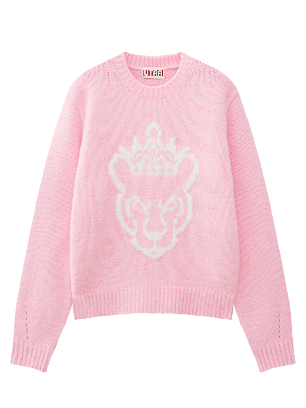 Áo knit golf nữ UTAA màu hồng nhạt cổ tròn họa tiết mặt báo trắng