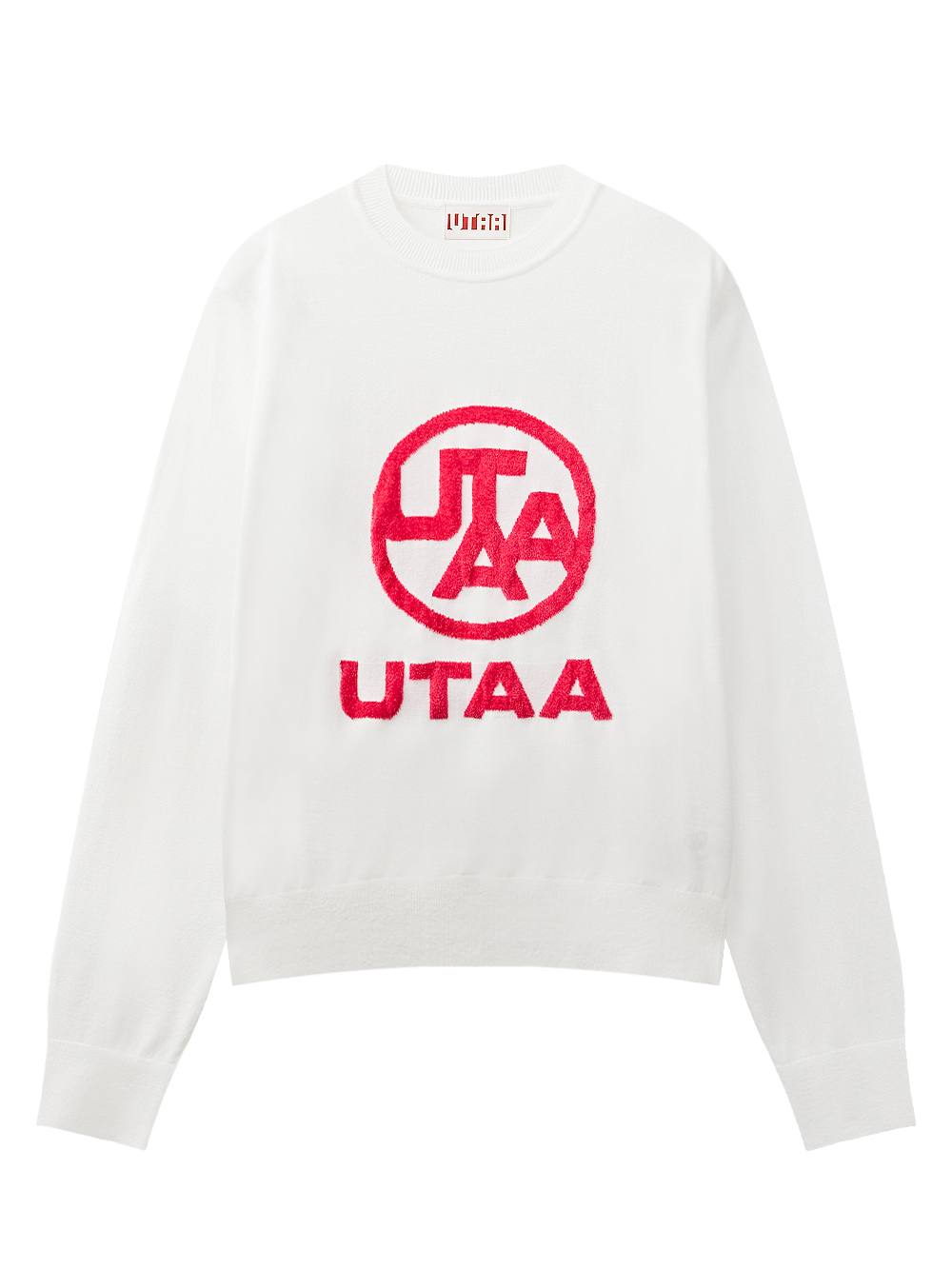 Áo knit golf nữ màu trắng cổ tròn có logo lớn UTAA màu đỏ ở ngực