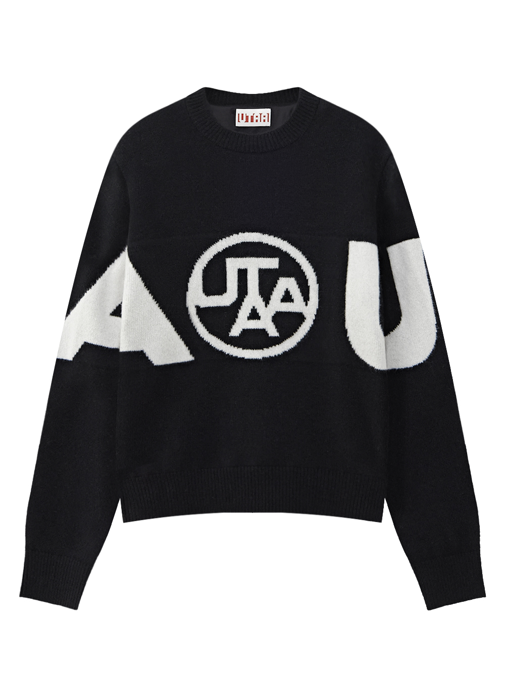 Áo knit golf nữ màu đen dáng suông có họa tiết logo trắng lớn ở ngực và tay áo