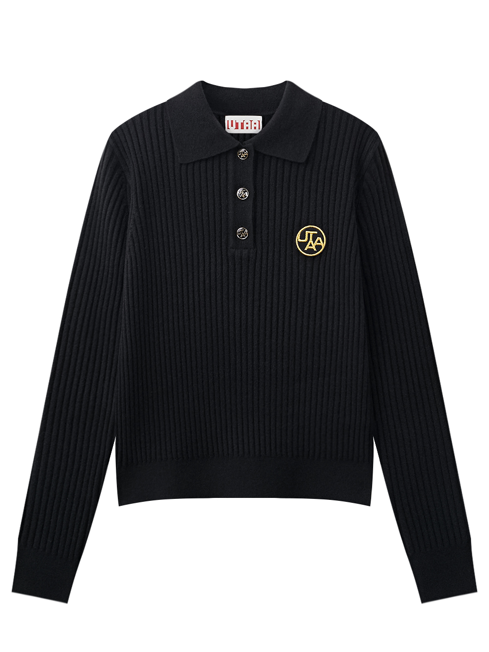 Áo knit golf nữ UTAA màu đen cổ bẻ nút gân nổi logo vàng